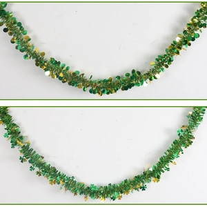 2M St. Patrick's Day tinsel garland with green clover and gold disc sequins
