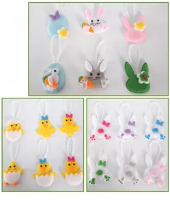 Detail view of colorful Easter felt ornaments featuring bunnies, chicks, and patterned eggs