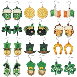 St Patrick Day Earrings Shamrock Gnome Beer Mug Gold Pot Horseshoe Irish Flag Glitter Drop Earrings For Women Jewelry Celebration