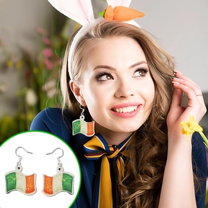 Sparkly Ireland flag earrings for St. Patrick's Day party with green white orange glitter