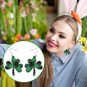 St. Patrick's Day shamrock earrings with green sequin plaid design for party outfits