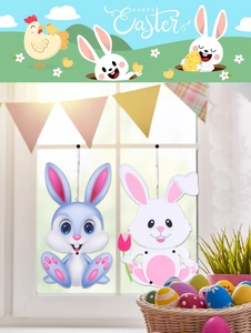 Detailed view of cartoon Easter bunny hanging decorations with cute blue and white rabbits