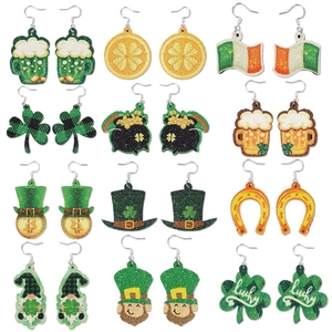 Set of 12 glittery St. Patrick's Day drop earrings with lucky clover and hat designs