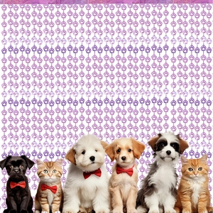 Close-up of adorable puppies and kittens with red bowties for pet birthday parties