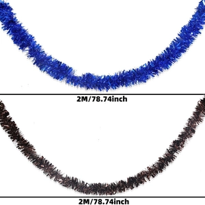 Détail de guirlandes de clinquant bleu foncé et bronze avec texture de feuille métallique, 2M
