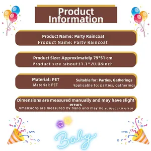 Detail showing PET material party raincoat dimensions of 31.1x20.08 inches for celebrations