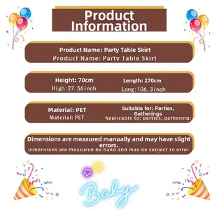 Detailed size chart for party table skirt showing dimensions 70x270cm in PET material
