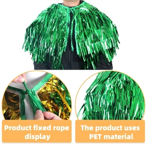 Detail of St. Patrick's Day green tinsel cape showing PET material and secure neck tie