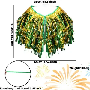 Size chart for St. Patrick's Day gold and green tinsel fringe cloak with dimensions
