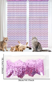 Macro detail of purple glitter cat paw party curtain showing texture and packaging dimensions