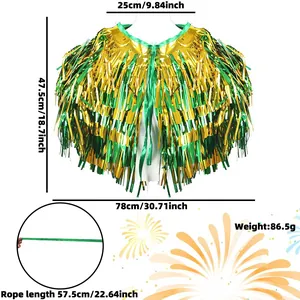 Size chart showing green and gold tinsel fringe cape dimensions for St. Patrick's Day