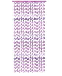 Detail of purple shimmering paw print tinsel curtain for pet birthday party decoration