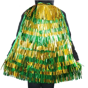 Detailed back view of green and gold tinsel fringe cape for St. Patrick's Day party decor