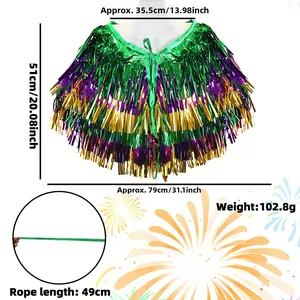 Plan détaillé des tailles de la cape de fête à franges vert or violet avec mesures