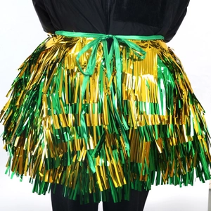 Detail of St. Patrick's Day gold and green metallic foil fringe skirt with ribbon waist tie