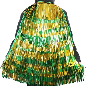 Close-up of Saint Patrick's Day gold and green metallic tinsel cape with black hooded design