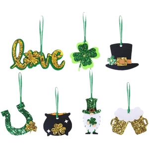 7-piece St. Patrick's Day green felt ornaments set with glitter clover and Irish lucky charms