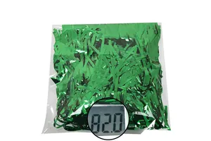 Detail showing 82.0g green metallic fringe tinsel packaging for St. Patrick's Day costumes