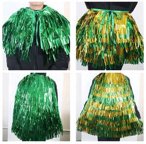 Detail of St. Patrick's Day gold and green tinsel fringe skirt with metallic ribbon tie