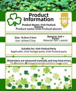 Detailed size specifications for St. Patrick's Day shamrock felt and plastic glasses