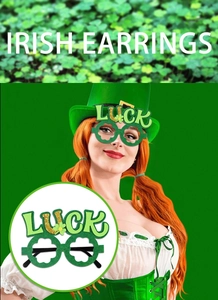 Detail of St. Patrick's Day green glitter clover glasses with Luck text and shamrock shapes