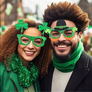 Detail of St. Patrick's Day shamrock and top hat glasses worn at a festive outdoor parade