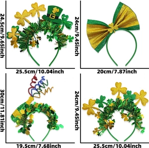Detailansicht von vier St. Patricks Day Haarreifen mit Kleeblatt und Pailletten