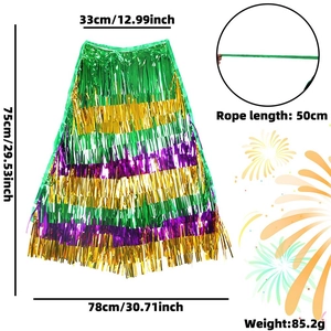 Jupe à franges Mardi Gras verte, dorée et violette avec dimensions pour le carnaval