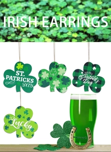 Ensemble de boucles d'oreilles trèfle Saint-Patrick avec motifs verts et paillettes