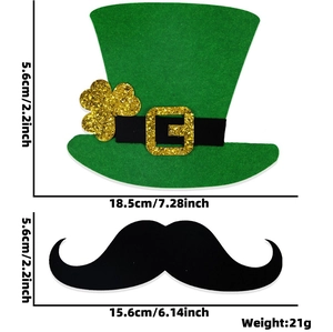 Detailed size view of St. Patrick's Day green felt hat and black mustache party props