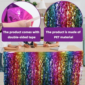 Rainbow PET foil fringe table skirt with adhesive tape for birthday party decorations