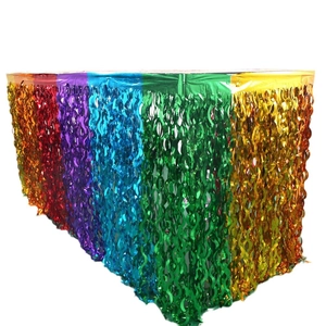 Rainbow foil fringe table skirt for birthday party with colorful metallic wave tassel trim