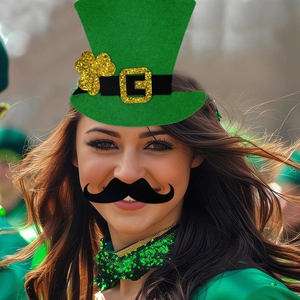 Detail of St. Patrick's Day green hat with shamrock and black funny mustache