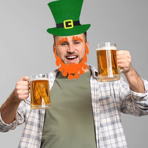 Saint Patrick's Day green top hat with gold buckle and fuzzy orange beard costume set