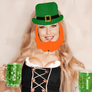 Model wearing St. Patrick's Day green top hat with glitter buckle and orange wavy beard