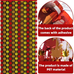 Detail view of PET maple leaf foil curtain showing adhesive backing and metallic texture