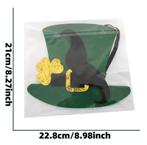 Macro shot of St. Patrick's green hat and black beard with size dimensions 21x22.8cm