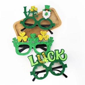St. Patrick's Day shamrock glasses set with gold glitter and green felt decorative frames