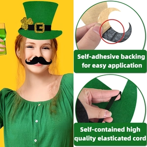 Saint Patrick's Day green top hat with gold shamrock and self-adhesive black mustache set