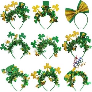 Set mit 9 grünen und goldenen St. Patrick's Day Haarbändern mit Kleeblatt und Hut