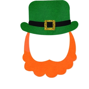 St. Patrick's Day green top hat with buckle and attached orange curly beard party prop