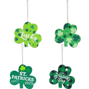 Set de 4 suspensions trèfles en bois pour la Saint-Patrick avec motifs Lucky et verts