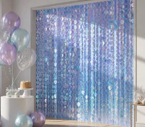 Detailed specifications of shimmering blue PET shell rain curtain for mermaid party decor
