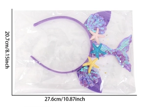 Detail of mermaid headband with sequins fish tail and starfish showing 20.7x27.6cm size