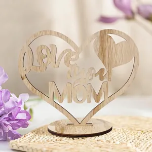 Love You MOM heart-shaped wooden desk ornament with natural wood grain and round base