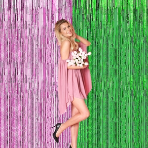 Pink and green foil fringe curtains for Wicked themed party wall background decoration