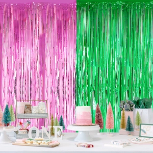 Pink and green tinsel foil fringe curtains for birthday party backdrop decoration