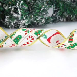 2M Christmas ribbon with snowman print and gold glitter edges for gift wrapping decor