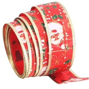 2M Red Christmas ribbon with Santa Claus prints and golden edges for festive decoration