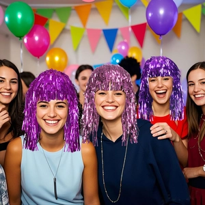 Shiny purple and pink metallic tinsel wigs with bangs for parties and celebrations